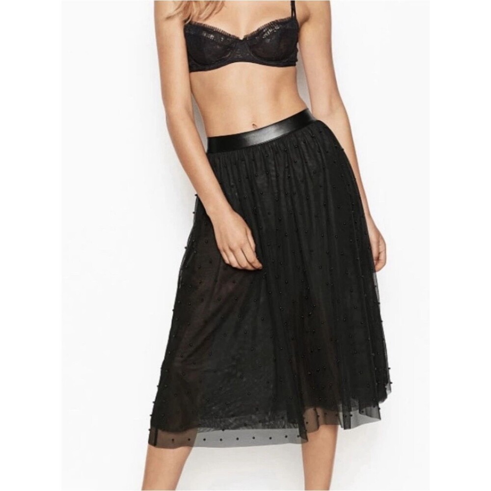 Victoria's Secret Black Midi Tulle Skirt with Faux Leather Waist Size S / P NWT